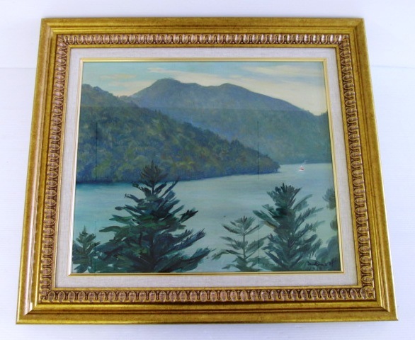 うのにもお得な 油彩画　「日光中禅寺湖」　牧野司郎　F10　昭和39年9月9日　額装　（額63.5㎝×71㎝） 自然、風景画