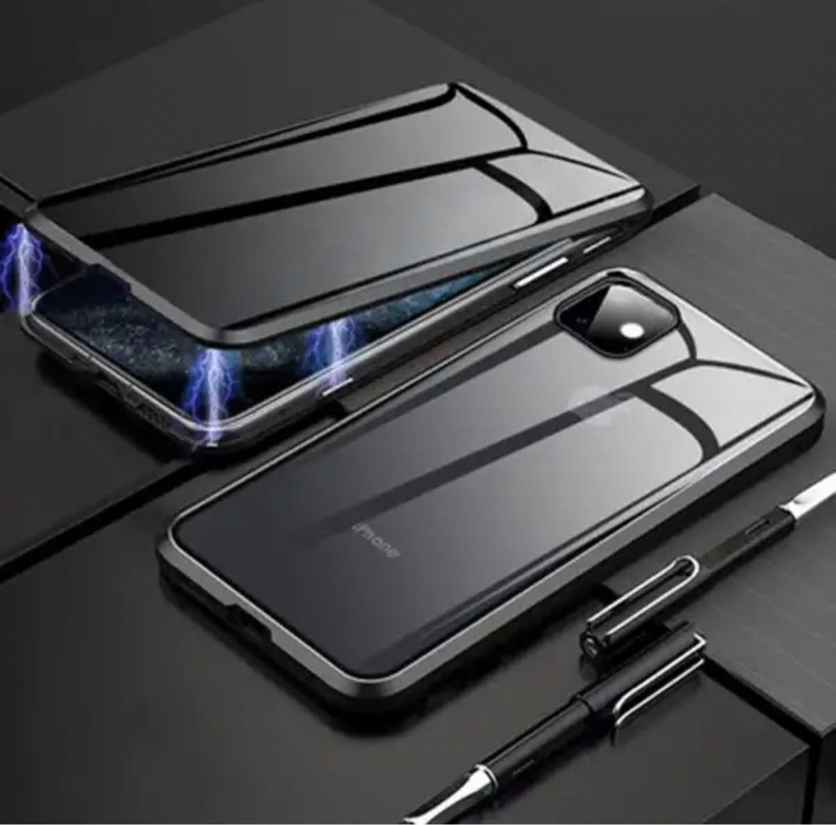 ★セール★iPhone15 Pro ケース 磁石強化ガラス 前面保護カバー ブラック