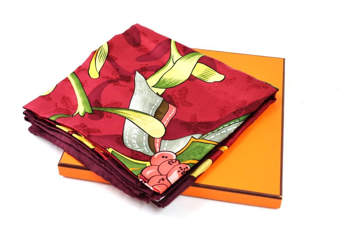 【送料無料】美品　HERMES　エルメス　カレ90　NEIGEDANTAN　去年の雪　ボルドー　刺繍　ジャガード　シルクスカーフ　21-2088_画像1