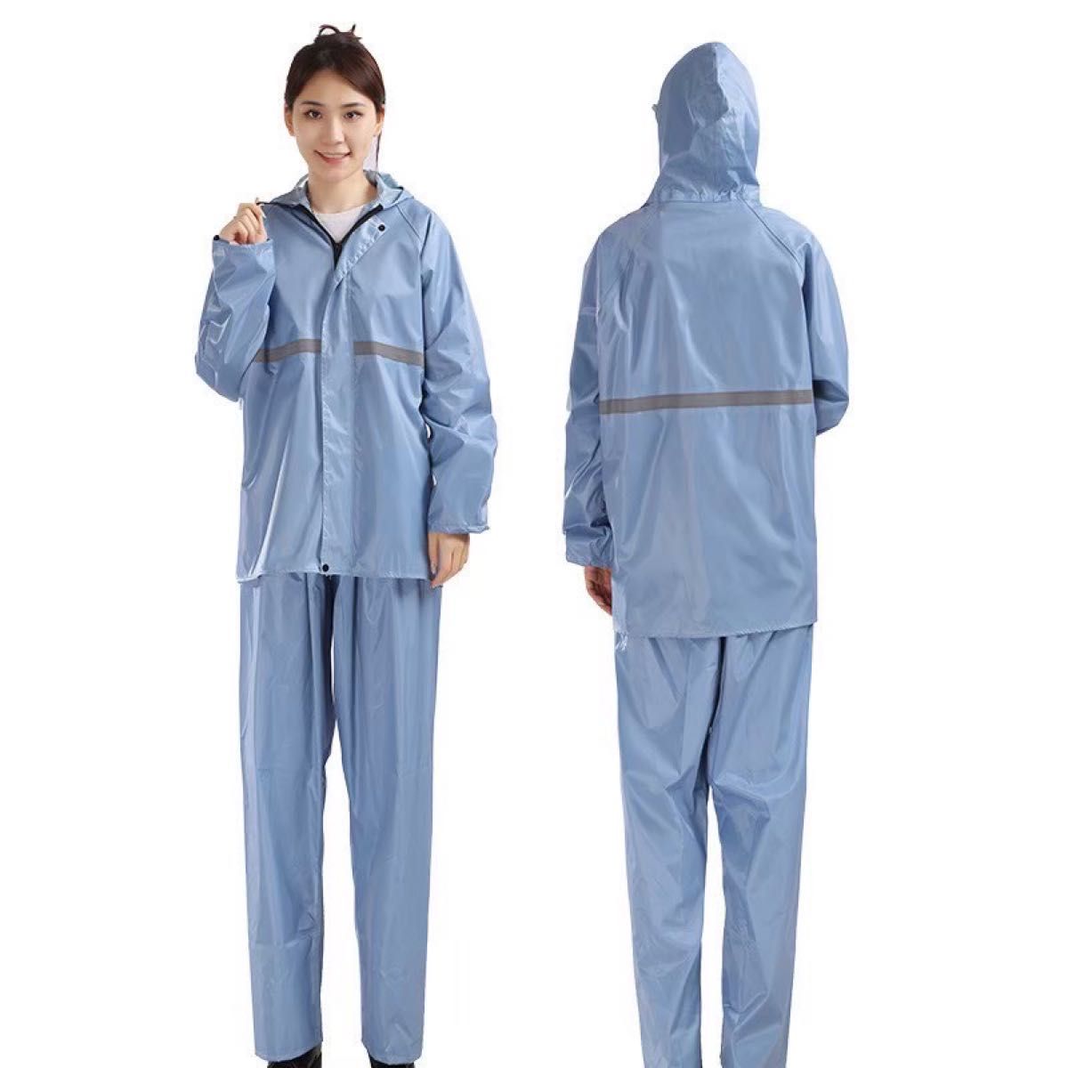 XL ブルー レインコート パンツ 男女兼用 雨具 撥水 カッパ 強風 梅雨 通勤 通学 作業服 レディース ゴム ゆったり