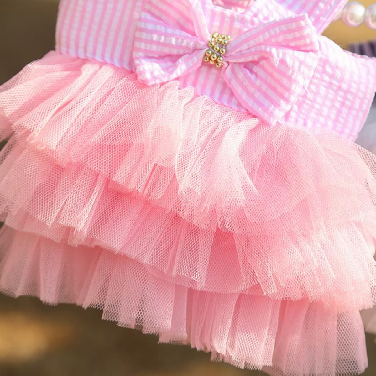 S ピンク スカート チェック チュール 犬 リボン アイドル ウェア 可愛い 韓国 女の子 ペット用品 犬服 ドッグウェア