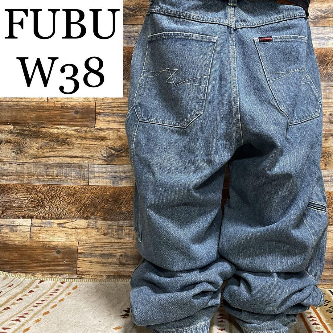 FUBU フブ バギーデニム ジーンズ Gパン ストリート w38 極太 b系 y2k 刺繍 ジーパン 古着 青 ブルー ライトブルー オーバーサイズ  メンズ