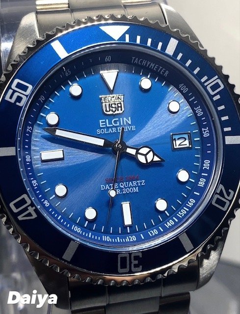 新品 ELGIN エルジン 腕時計 正規品 ソーラー ダイバーズ ステンレス 200m防水 カレンダー アナログ腕時計 ビジネス ブルー プレゼント