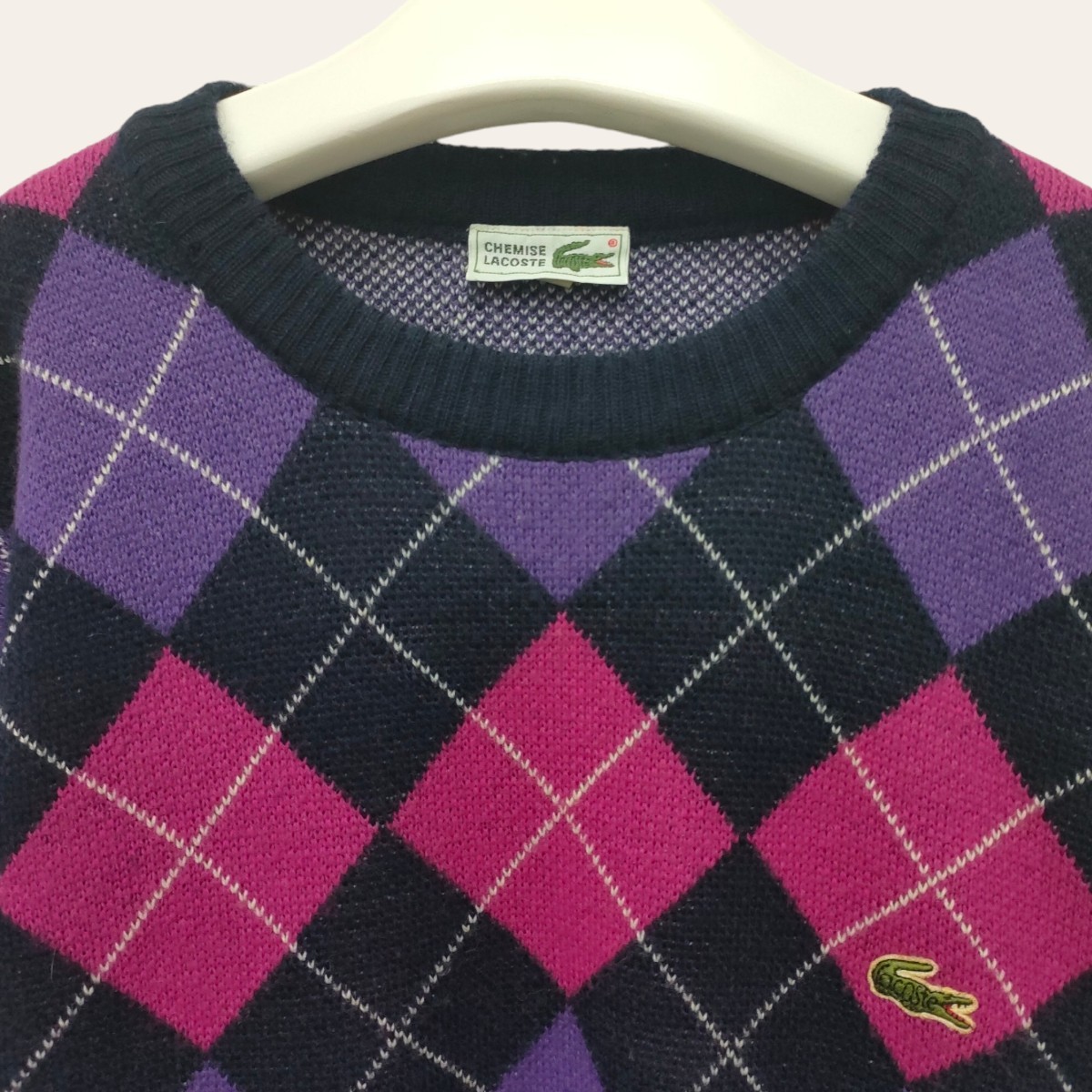 CHEMISE LACOSTE / ラコステ メンズ ニット セーター プルオーバー 長袖 ロゴ刺繍 4サイズ アーガイル柄 寒色系 I-3073_画像2