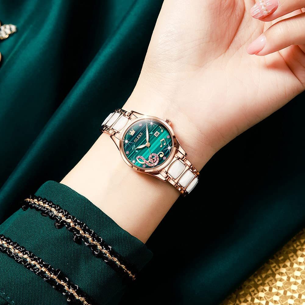高品質な 腕時計 グリーン ブレスレット付き レディース 夜光 クオーツ セラミック おしゃれ アナログ 女性 腕時計 ウォッチ プレゼント