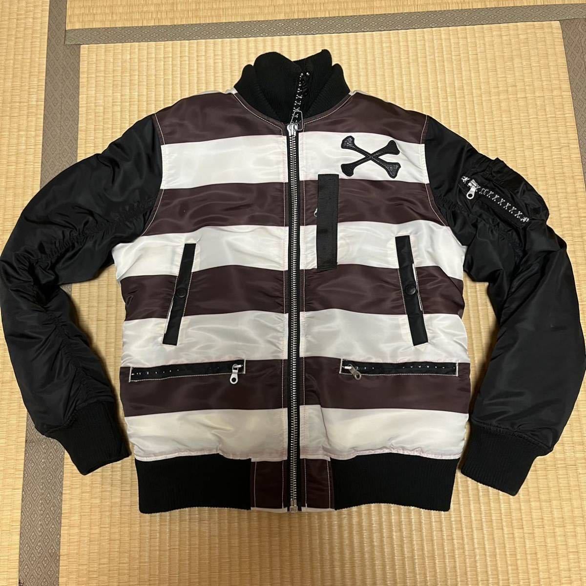 希少 VANSON ボーダー ライダース ジャケット 白黒 ツートン ポリエステル 革ラベル 中古JACKET MA-1 バンソン ハーレー アメリカン 囚人_画像8