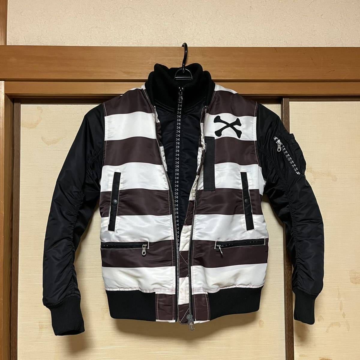 希少 VANSON ボーダー ライダース ジャケット 白黒 ツートン ポリエステル 革ラベル 中古JACKET MA-1 バンソン ハーレー アメリカン 囚人_画像2