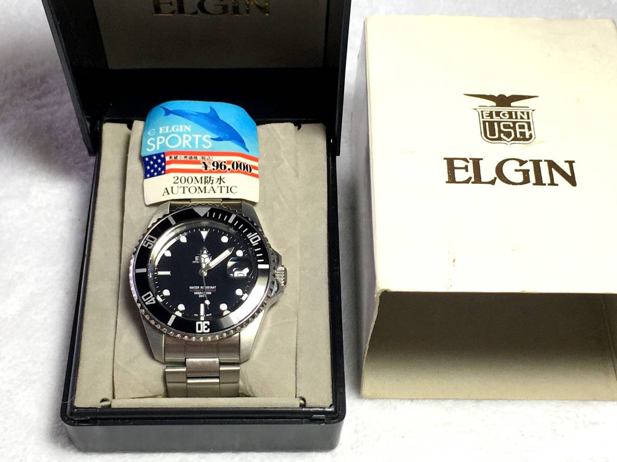 傷少 ELGIN ダイバーズ DEEPSEA FK-531 F 200m 自動巻 黒 メタル ベンツ針 箱 稼動中古 メンズ アナログ 腕時計 自動巻き オマージュ