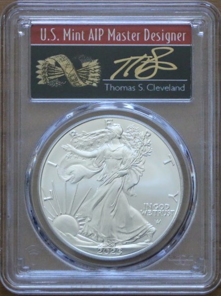 2023 アメリカ イーグル銀貨 PCGS MS70 First Strike Thomas Cleveland Singed Arrow Labelの画像1