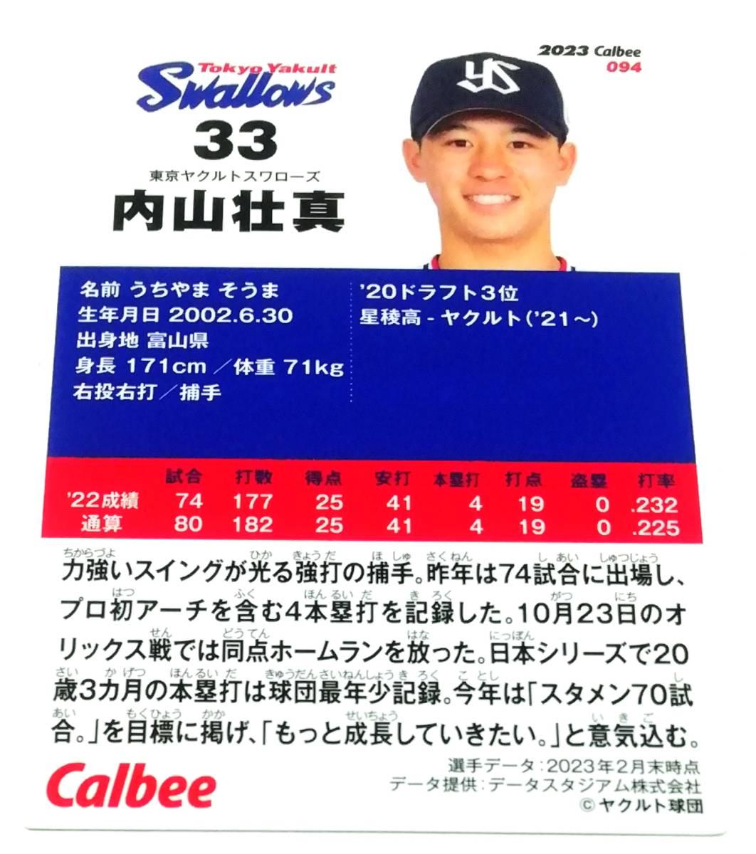 2023　第2弾　内山壮真　ヤクルトスワローズ　レギュラーカード　【094】 ★ カルビープロ野球チップス_画像2