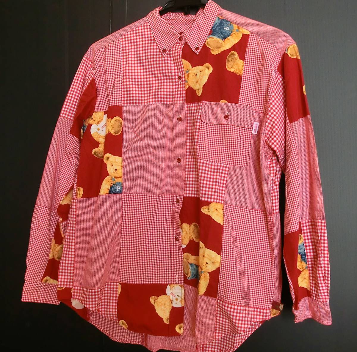 PINK HOUSE ピンクハウス◆パッチワーク ボタンダウンシャツ 赤×ギンガムチェック×クマちゃん柄◆日本製◆USED◆長袖シャツ◆テディベア