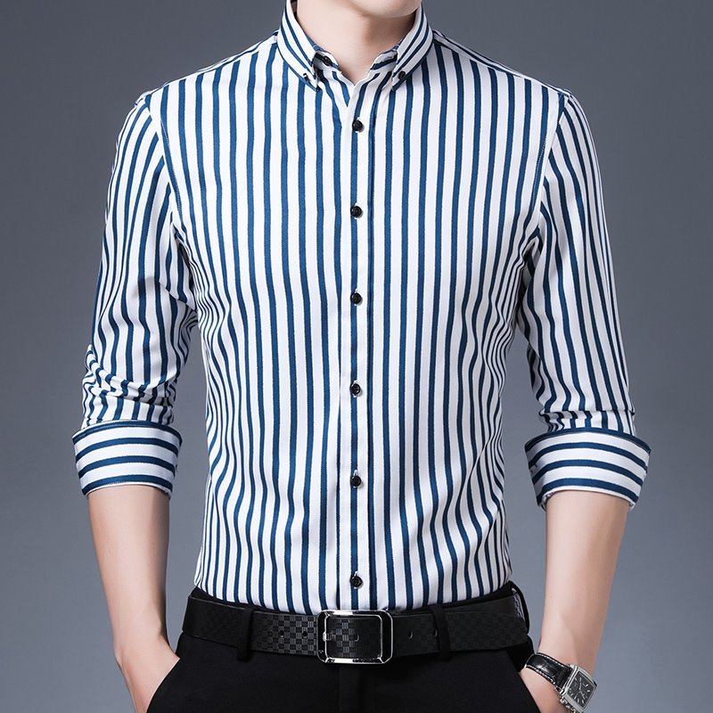 P021-M新品DCKMANY■縦縞 長袖シャツ メンズ ノーアイロン 形態安定 ストライプ ビジネス ワイシャツ シルクのような質感/ブルーの画像2