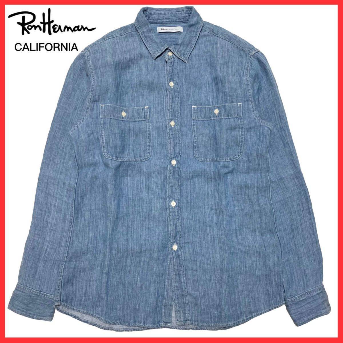 ★美品★ RonHerman California ロンハーマン RHC 麻100% リネン 長袖 シャンブレー デニム シャツ カットソー トップス M アメカジ サーフ