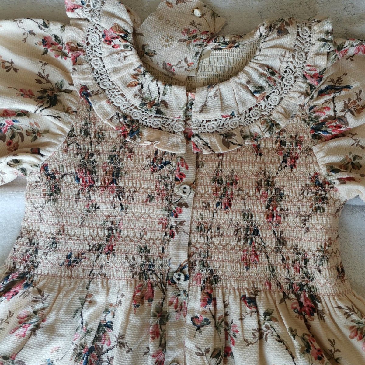 新品 12Y bonjour diary Birds and flowers frill tunic