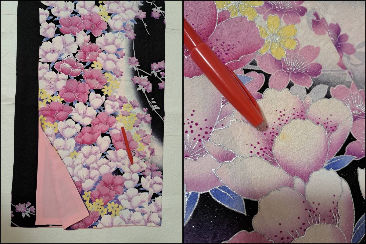美品 銀通し 黒地 訳あり品 広衿 袷 振袖 正絹 □着物の越田□裄身丈