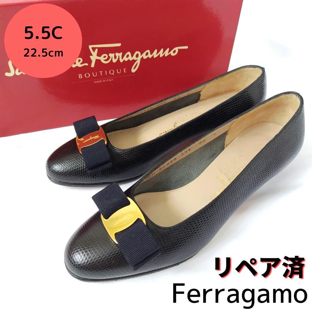 かなり美品箱付き フェラガモ【Ferragamo】ヴァラ パンプス 紺 Yahoo