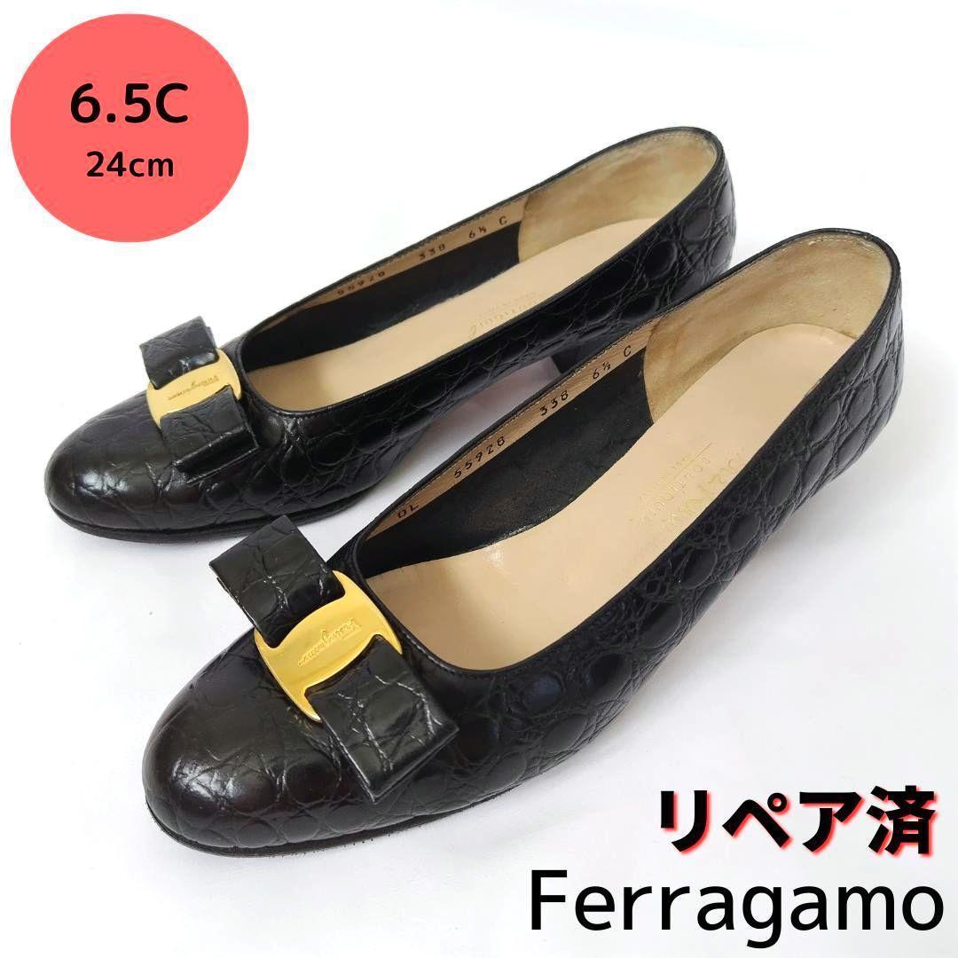 良品フェラガモ【Ferragamo】ヴァラ クロコ型押し パンプス 黒 Yahoo