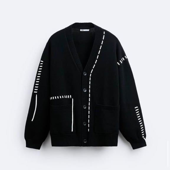 ZARA コントラスト トップステッチ カーディガン ステッチ リボン完売品-