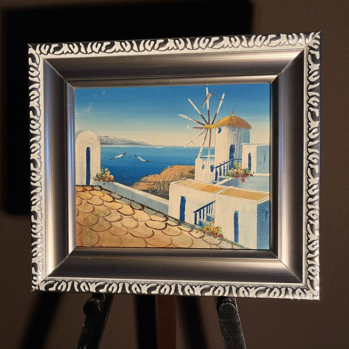 手書き油絵 サントリーニの風景 絵画 額付き インテリア 油彩画