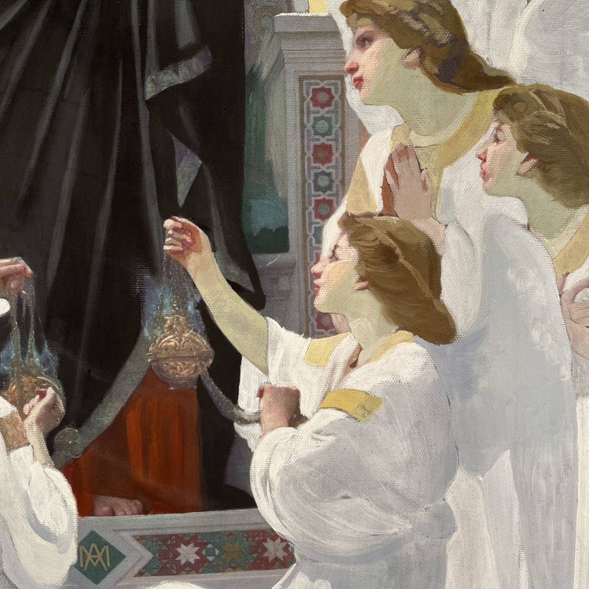 手書き油絵 ブグロー 天使と聖母絵画 額付き インテリア 油彩画