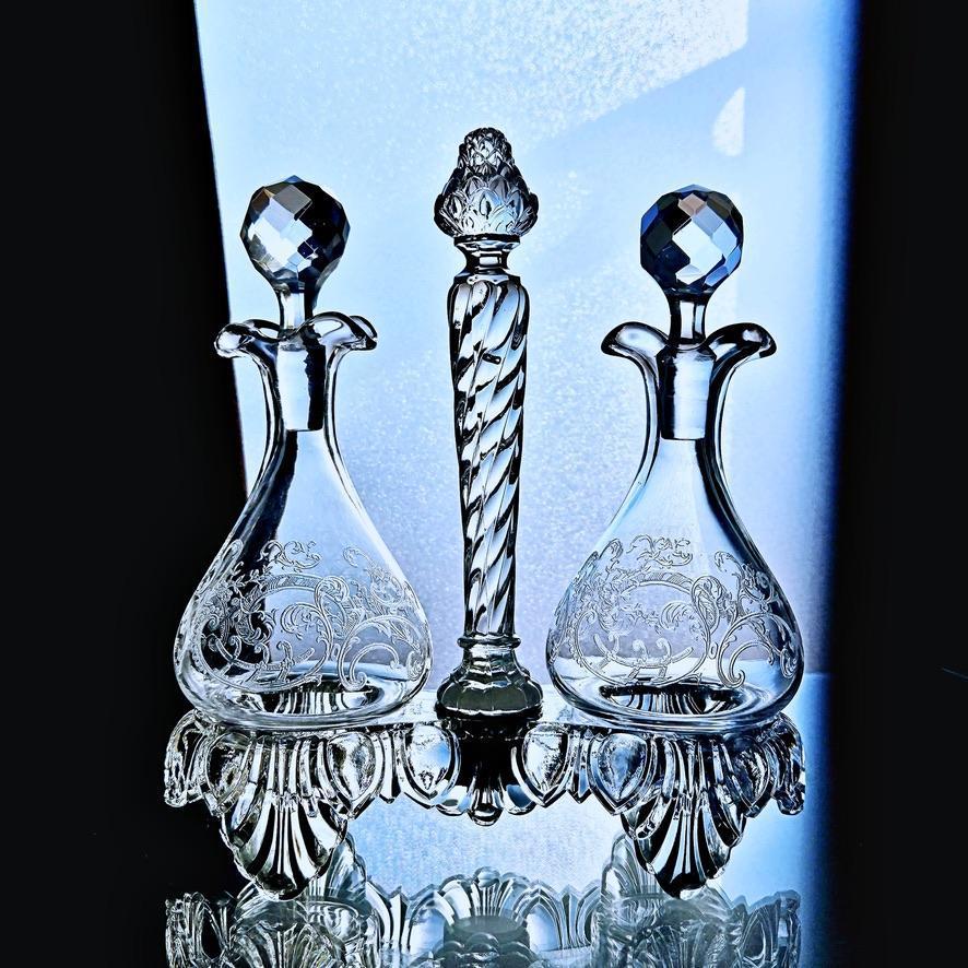 オールドサンルイSaint Louis 華麗な調味料入れセット オイルポット ガラスポット デキャンタ 水差し 1900年前後フランスアンティーク