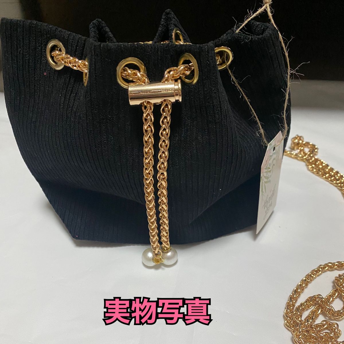 新品 ミニ 巾着 ゴールド チェーン 肩掛け ショルダー バッグ Bag ブラック 黒 パール付き 女性 女子力 小さい ハンド