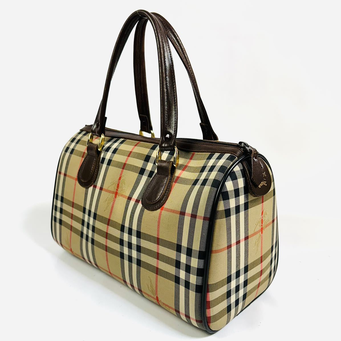 【美品】BURBERRY Burberrys バーバリー ノバチェック キャンバス レザー ミニ ボストンバッグ ハンドバッグ ブラウン チェック柄