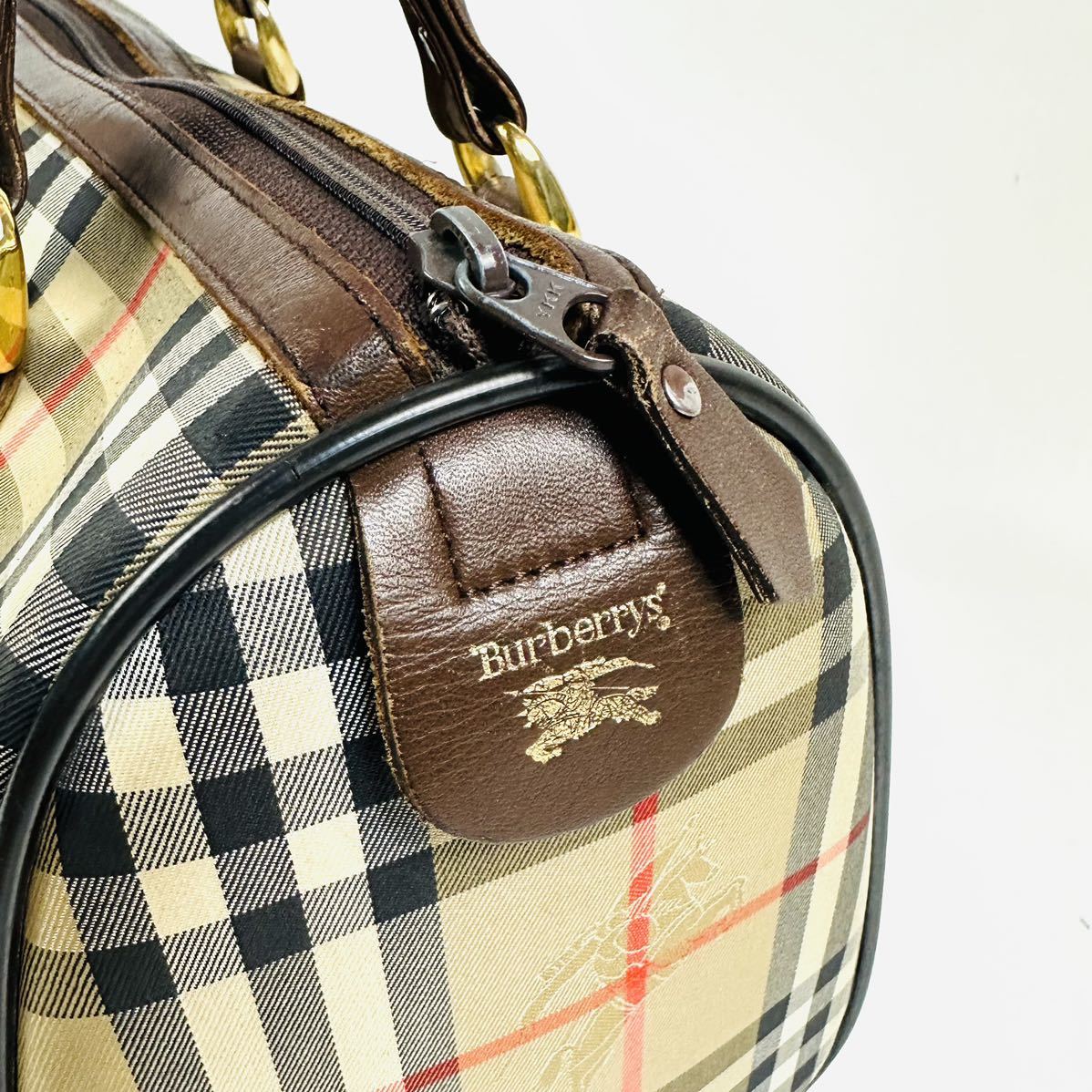 【美品】BURBERRY Burberrys バーバリー ノバチェック キャンバス レザー ミニ ボストンバッグ ハンドバッグ ブラウン チェック柄