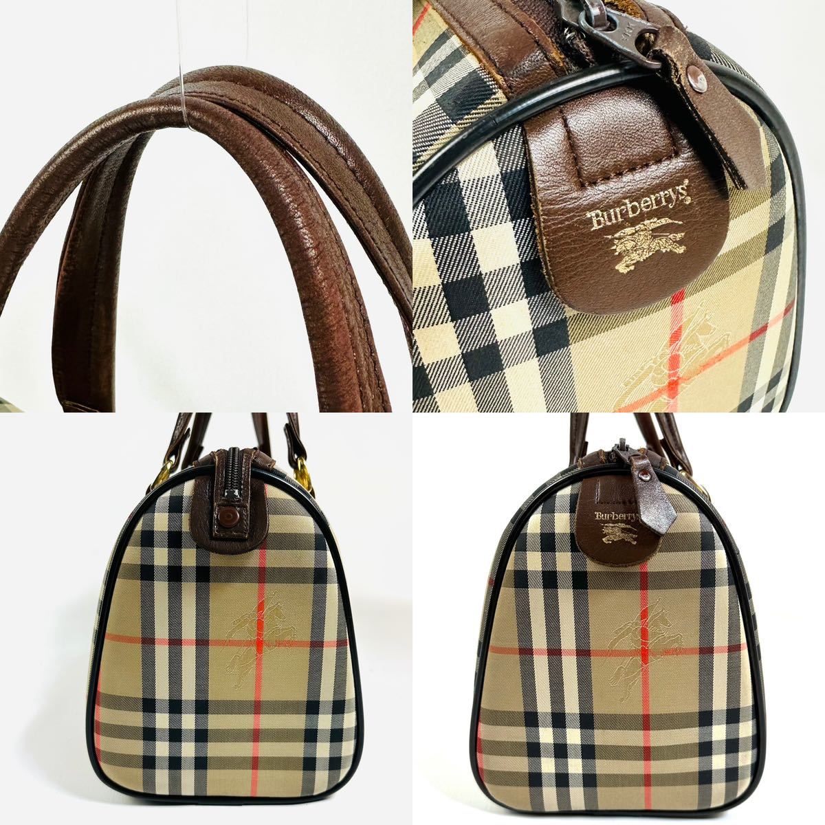 【美品】BURBERRY Burberrys バーバリー ノバチェック キャンバス レザー ミニ ボストンバッグ ハンドバッグ ブラウン チェック柄