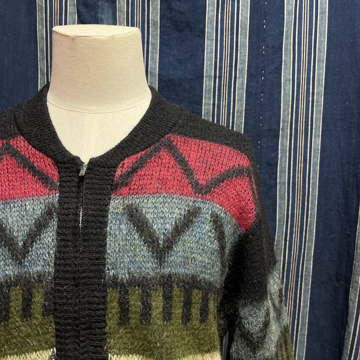 50s 60s puritan mohair knit cardigan usa 50年代 60年代 モヘアカーディガン アメリカ製 総柄 ジップカーディガン ネイティブ柄 モヘア
