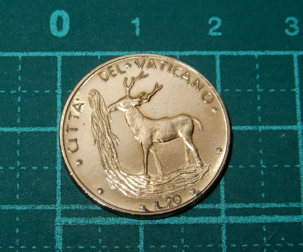 未使用 1974年 イタリア バチカン 20Lire ローマ教皇 パウロ6世 紋章 キリスト教 カトリック教会 動物 鹿 硬貨 コイン 貨幣 メダル_画像1
