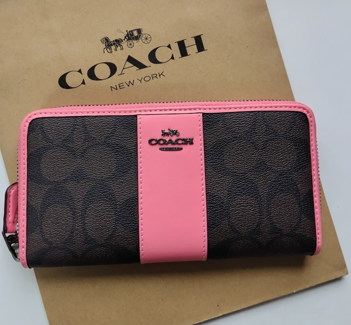 新品】COACH コーチ 長財布 シグネチャー ブラウン ピンク Yahoo