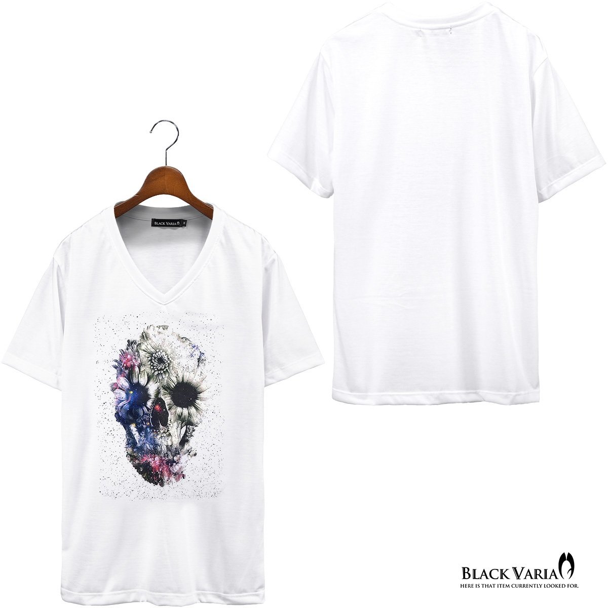 35363-s01 Tシャツ スカル ドクロ 髑髏 Vネック スリム 半袖Tシャツ プリント mens メンズ(ホワイト白スカルフラワー) XL 送料370円～_画像4