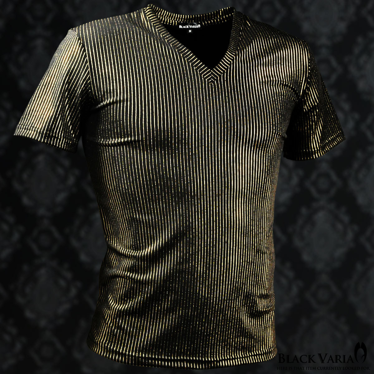 9#193213-gobk BLACK VARIA ピンストライプ ラメ ストレッチ 半袖 Vネック Tシャツ メンズ(ブラック黒・ライン金ゴールド) XL ダンス 舞台_画像2