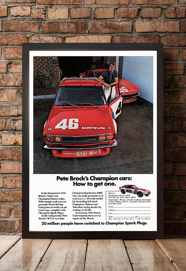 ポスター「BRE Datsun 510/240Z チャンピオンプラグ」1972年広告★ピート・ブロック/ブルーバード/フェアレディZ/Trans-Am_額装イメージ（額は付属しません）