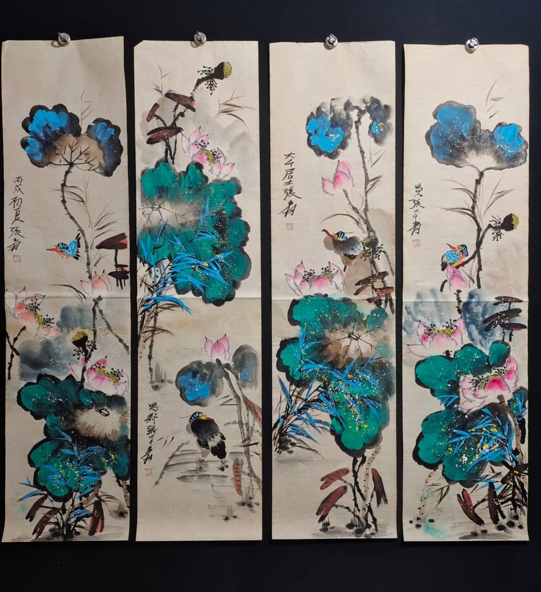 2022新作モデル 古董品 宣紙 花鳥畫 精品四條屏 中国近現代書画大家