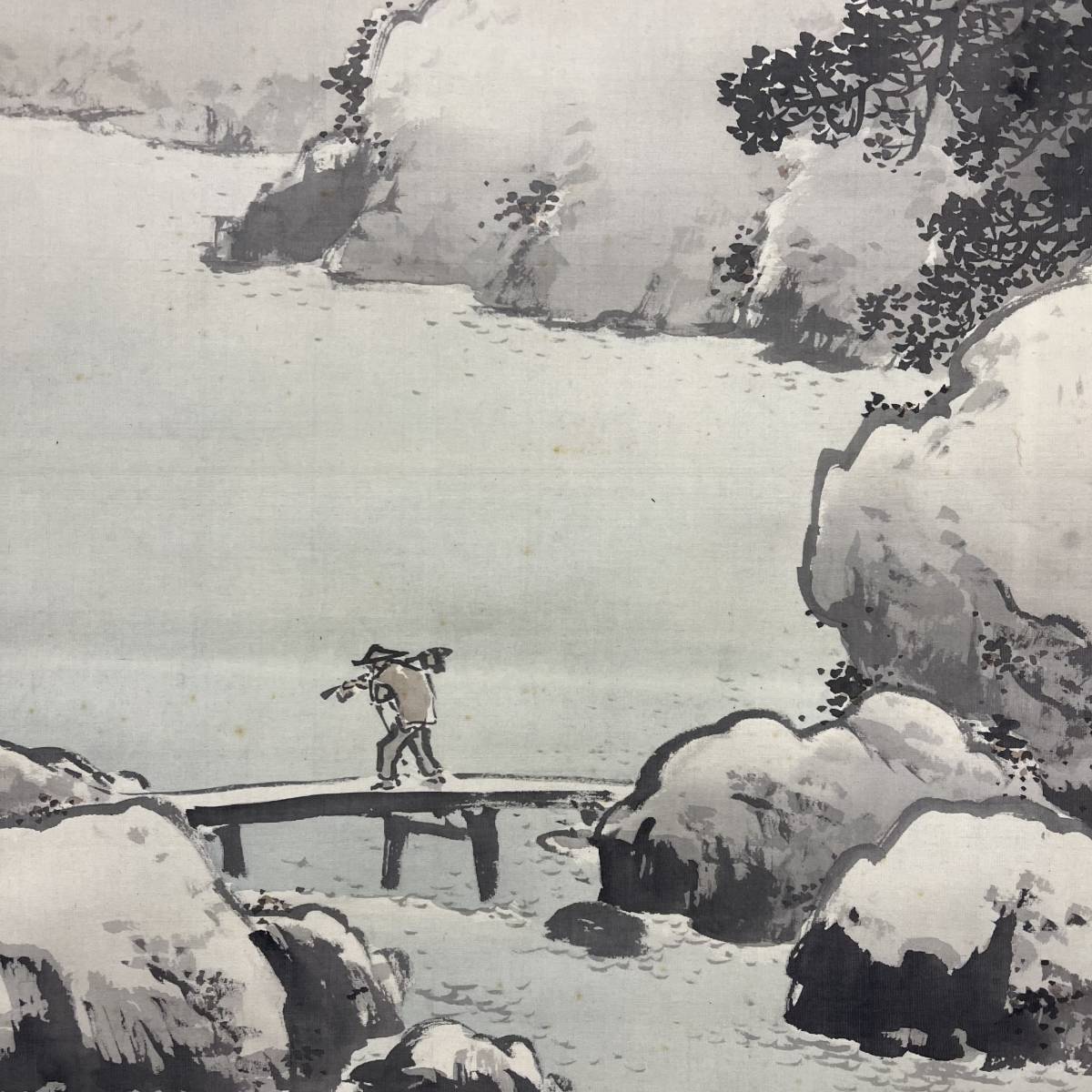 真作】//湖城/雪中山村人物図/人物/山水/布袋屋掛軸A-329 真作】//湖城/雪中山村人物図/人物/山水/布袋屋掛軸A-329