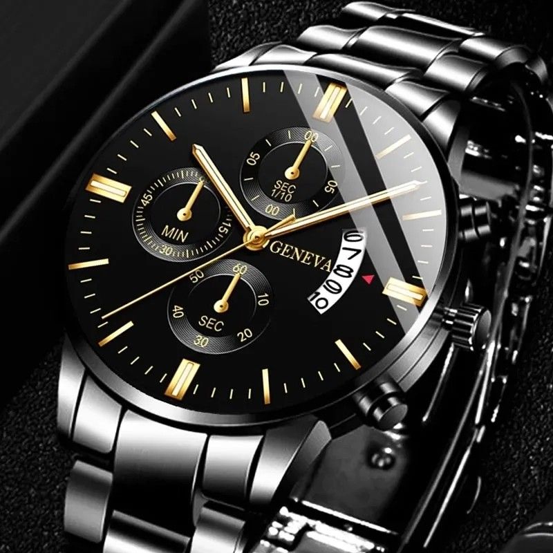 メンズ腕時計 新品未使用 アナログ GENEVA BBG ファッション クォーツ ウォッチ クロノグラフ ブラック&ゴールド