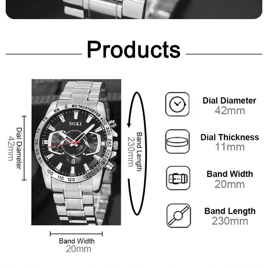 メンズ腕時計 新品未使用 SOKI  アナログ ステンレススチール クォーツ ウォッチ クロノグラフ シルバー&ブラック