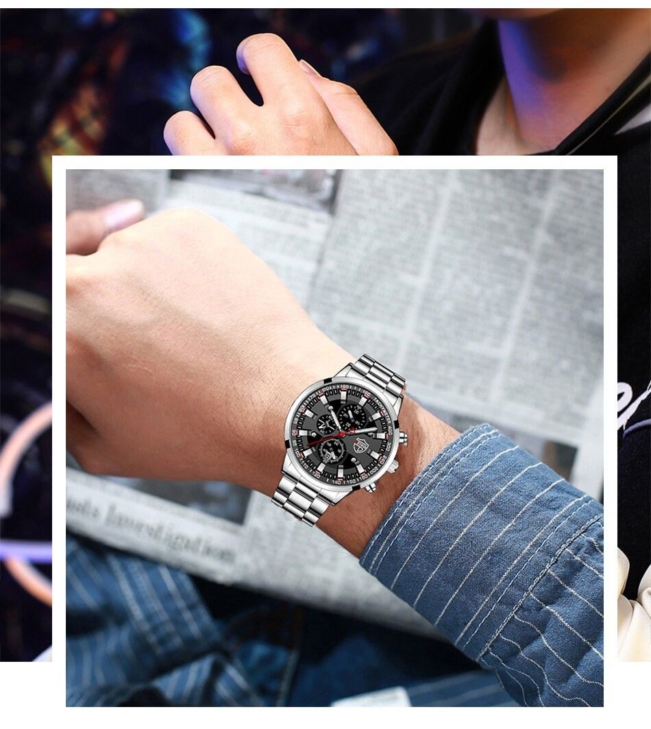 メンズ腕時計 新品 アナログ DEYROS ステンスチール ファッション クォーツ ウォッチ クロノグラフ シルバー&ブラック