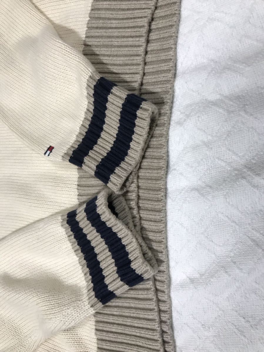 美品■TOMMY HILFIGER トミーヒルフィガー ショールカラー ベージュ　ロゴ刺繍　長袖コットンニット セーター　メンズ　XS_画像4