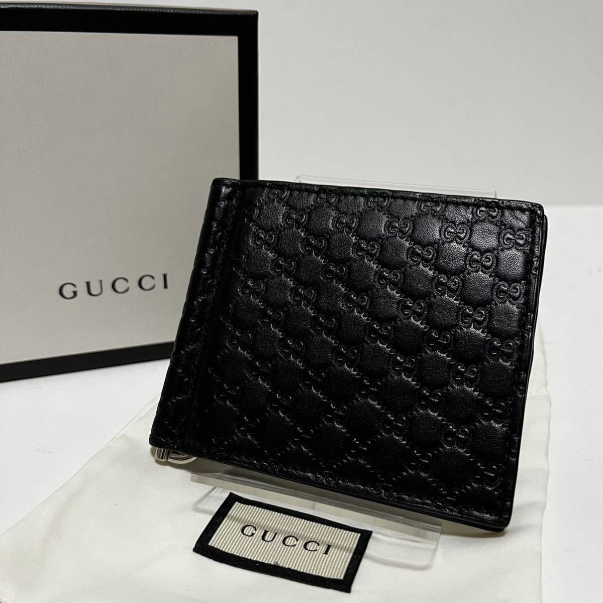 519【極美品】GUCCI グッチ マネークリップ お札入れ 二つ折り財布 サイフ マイクロシマ GG柄 レザー メンズ レディース ブラック 黒_画像1