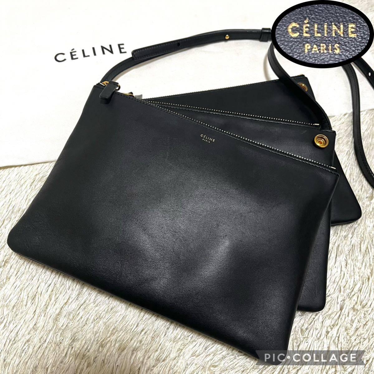 524【極美品】CELINE セリーヌ トリオラージ ショルダーバッグ クラッチバッグ レザー 旧ロゴ フィービー期 ブラック 黒 メンズ レディース_画像1