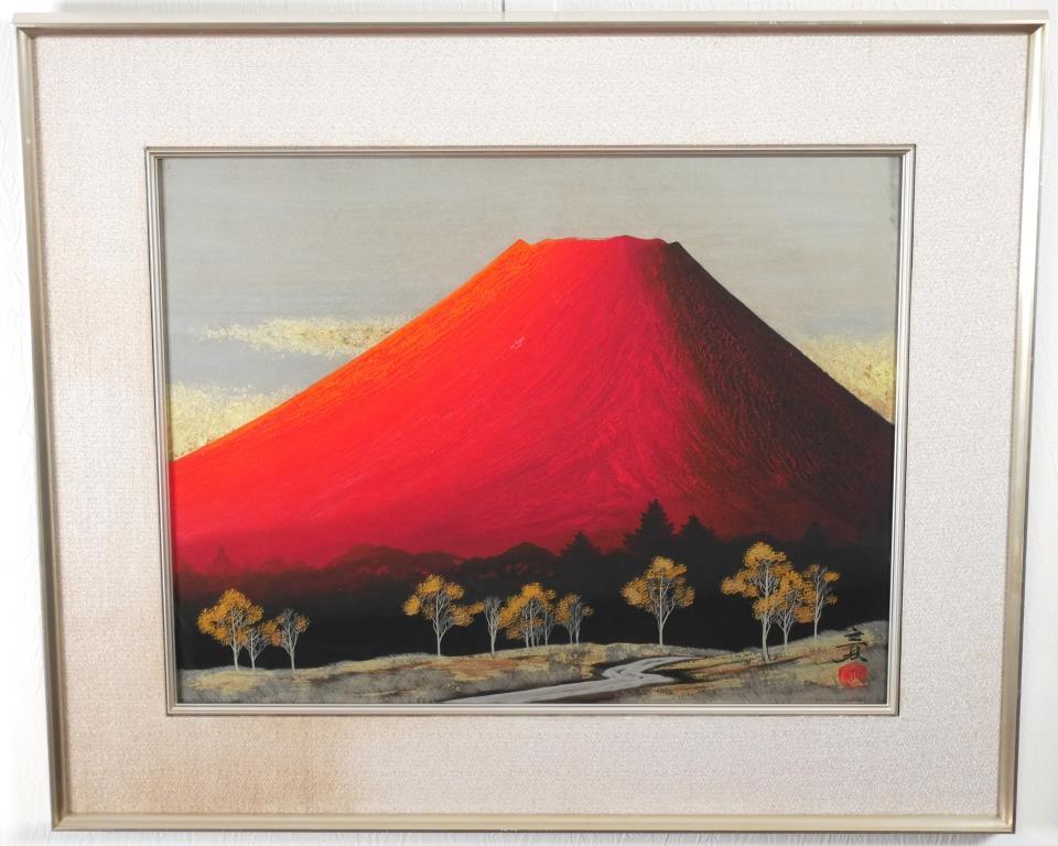 下川立夏『赤富士』◆日本画10号◆落款・共シール有◆大型！日本美術院特！実力作家！師：郷倉千靭