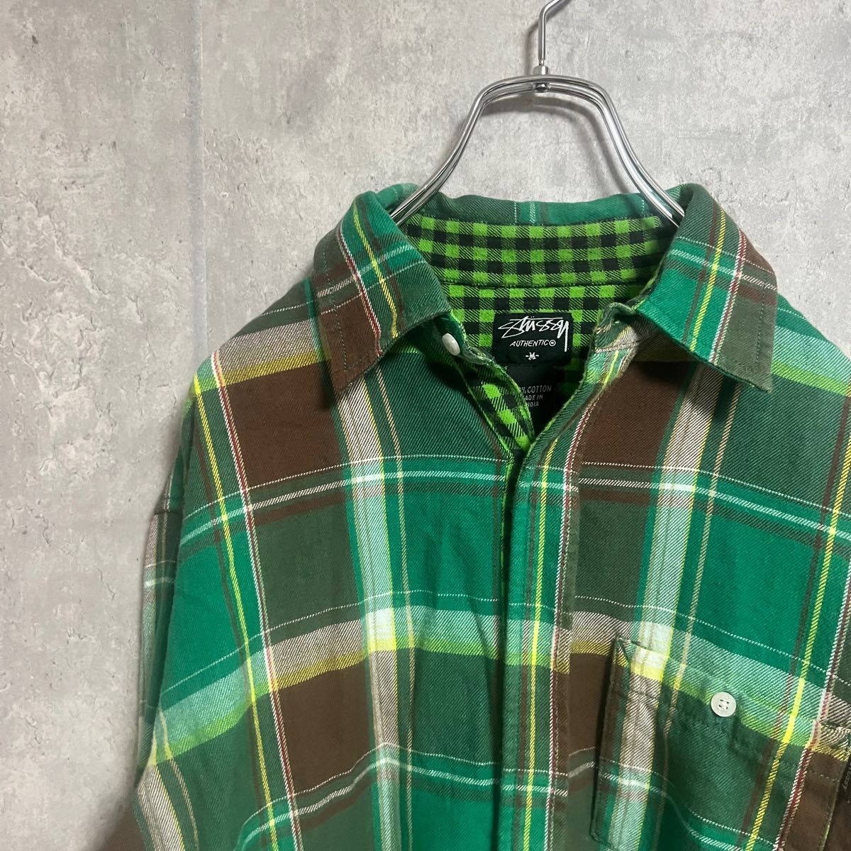 00s STUSSY ネルシャツ M ピスネームロゴ ポケット チェックシャツ 長袖シャツ