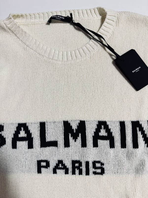 3897】新品14.1万【BALMAIN / バルマン　L（IT/50程度）　秋冬モデル　ピクセルロゴミドルゲージリブニット　クルーネック】オフホワイト_画像5