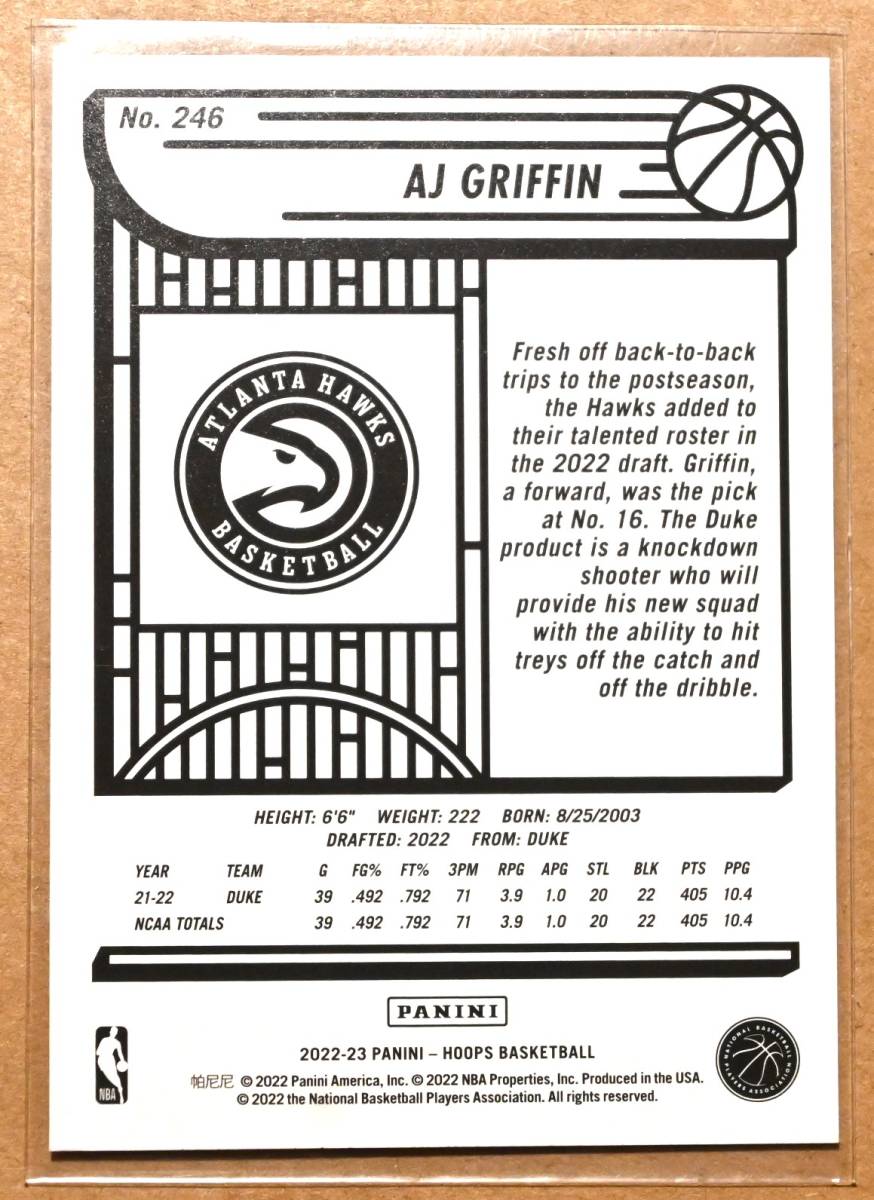 AJ GRIFFIN (AJグリフィン) 2022-23 HOOPS ROOKIE ルーキー トレーディングカード 【NBA,アトランタホークス,DUKE大学,HAWKS_画像2