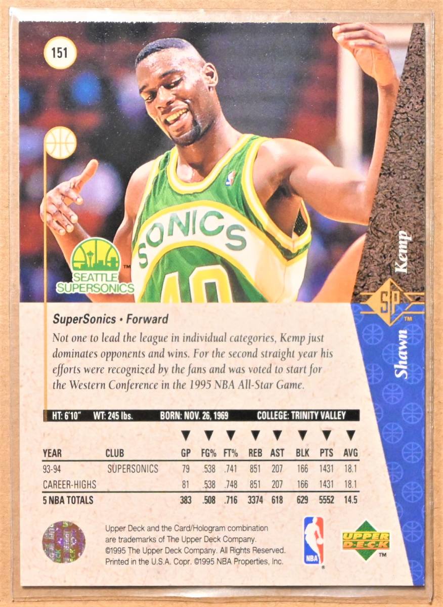 Shawn Kemp (ショーン・ケンプ) 1995 Upper Deck SP トレーディングカード 【90s NBA シアトル・スーパーソニックス Seattle Supersonics】_画像2