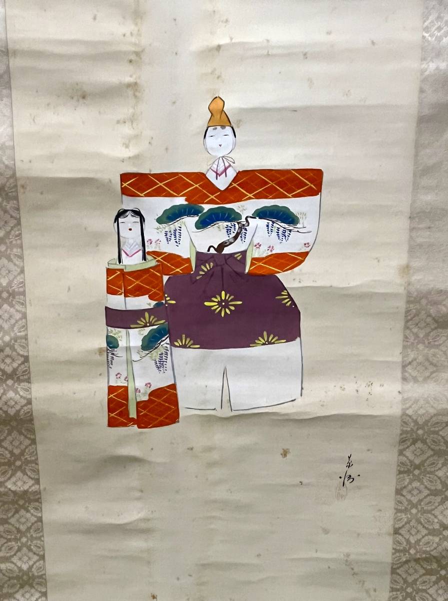 掛軸　立雛図　紙雛図　雛祭　木箱付　肉筆　古美術　日本画/1799-14_画像1