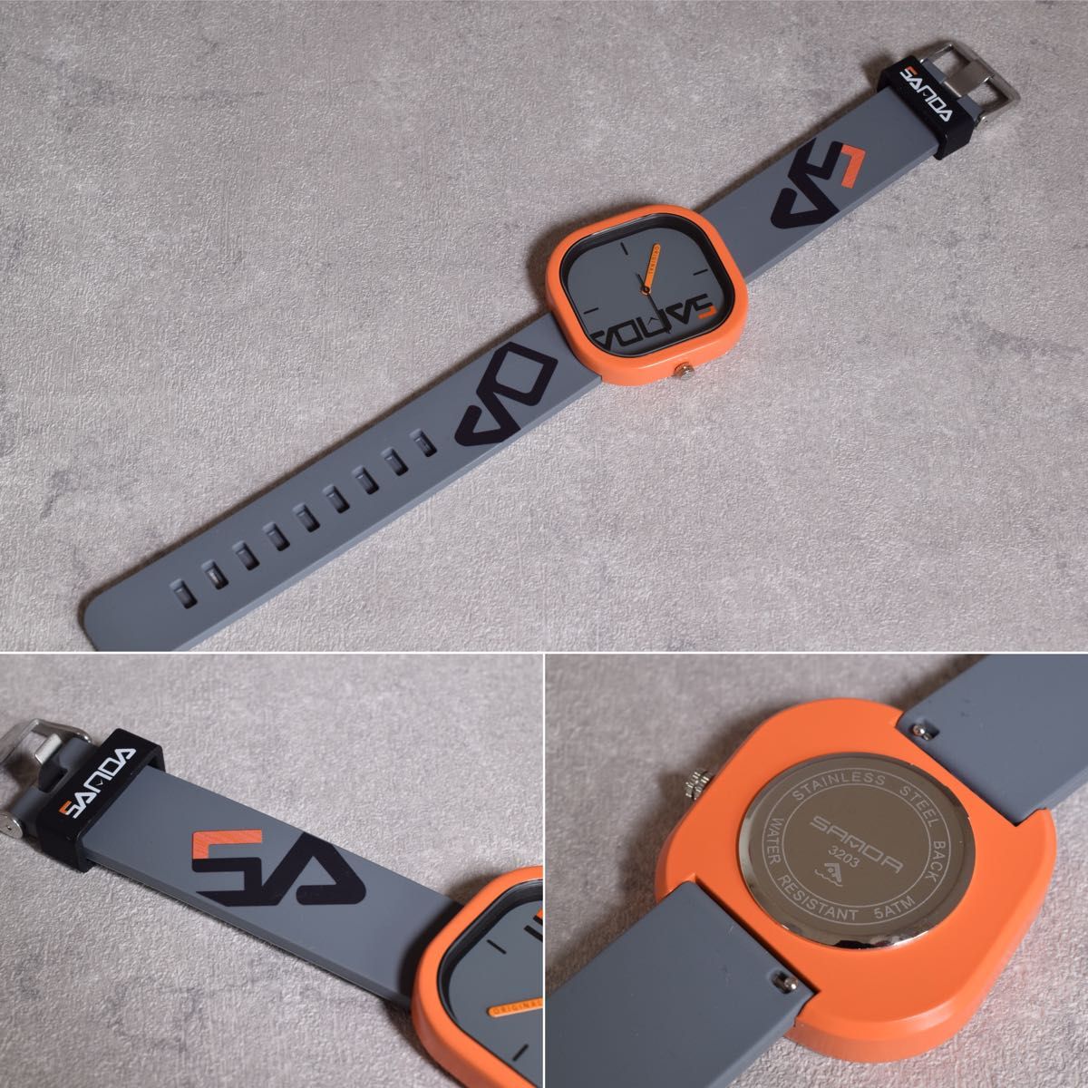 メンズ腕時計 クォーツ グレー オレンジ お洒落 四角 スクエア ユニセックス ファッション ユニーク 個性的